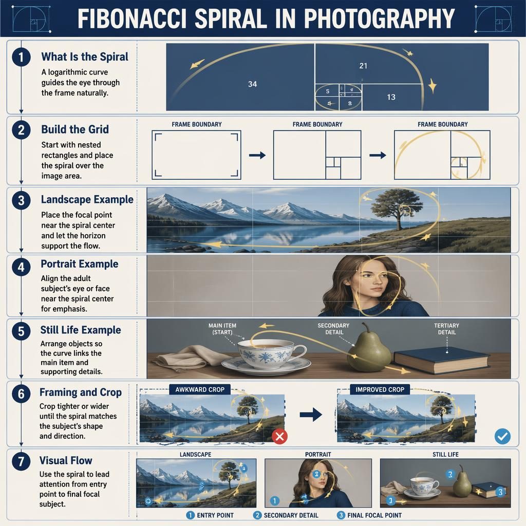 Minimalistický technický poster o fibonacciho spirále ve fotografii se 7 panely, mřížkami, šipkami a ukázkami krajiny, portrétu a zátiší.