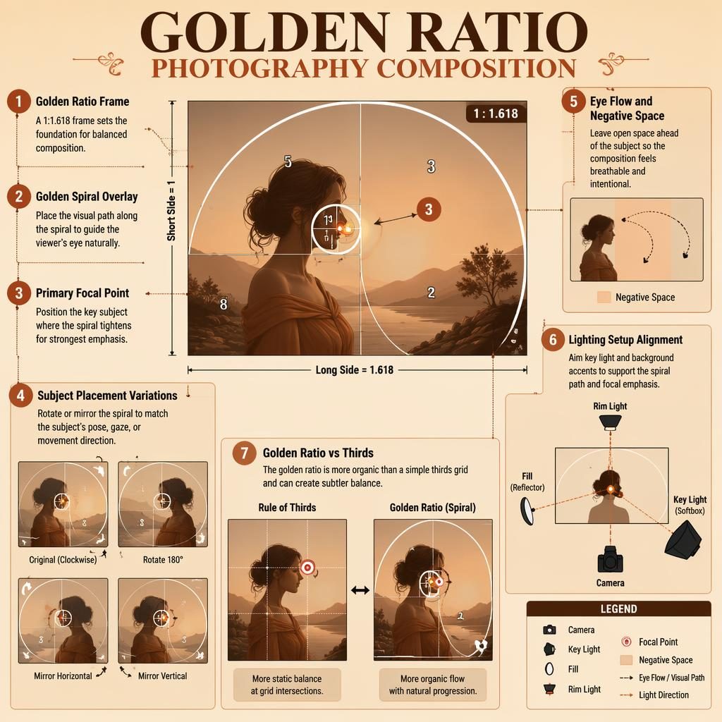 Editorial infografický plakát s diagramy zlatého řezu, spirálou, světly a srovnáním s pravidlo tretin.