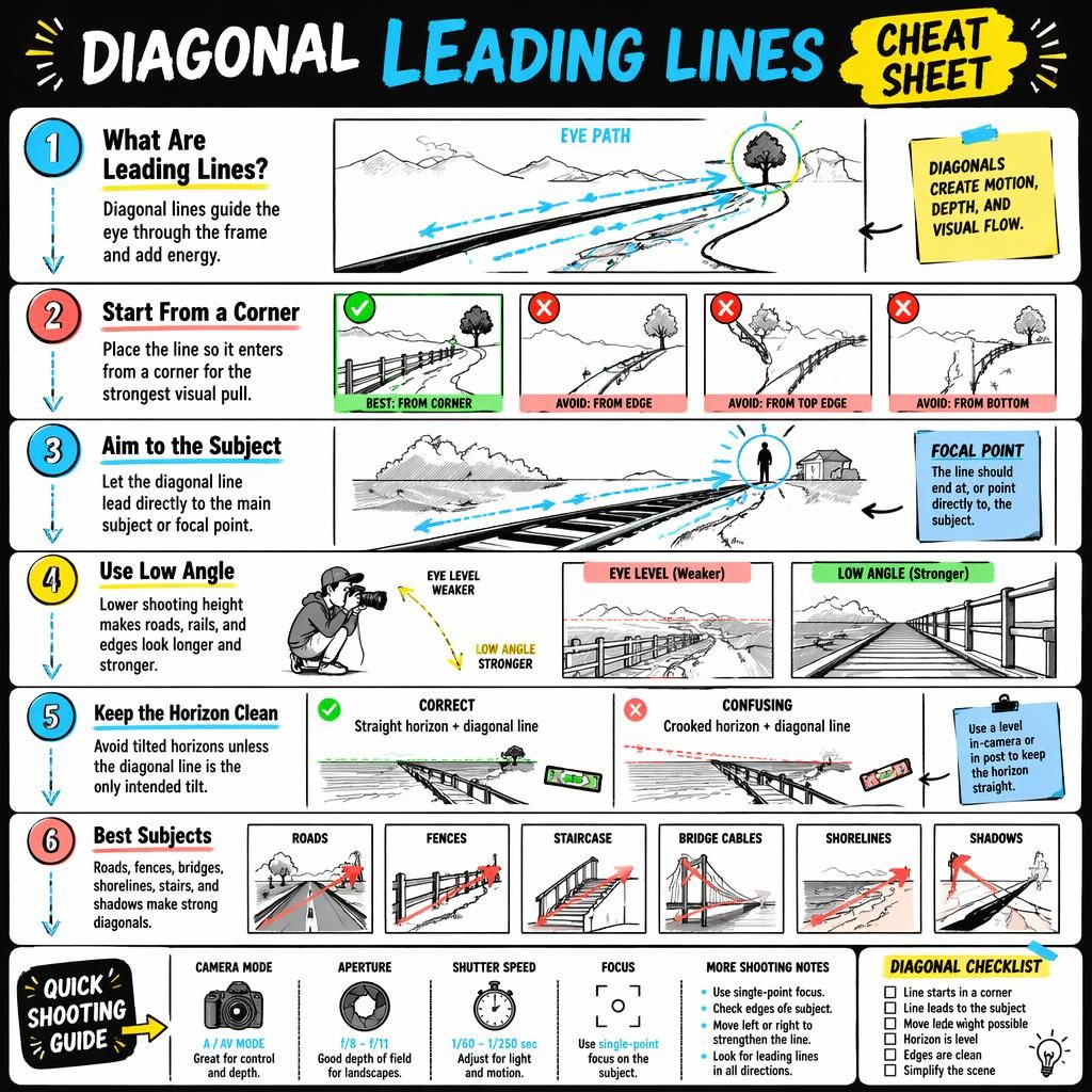 Portrait sketchnote infographic poster showing 6 tips for diagonal leading lines with diagrams, arrows, icons, and notes.