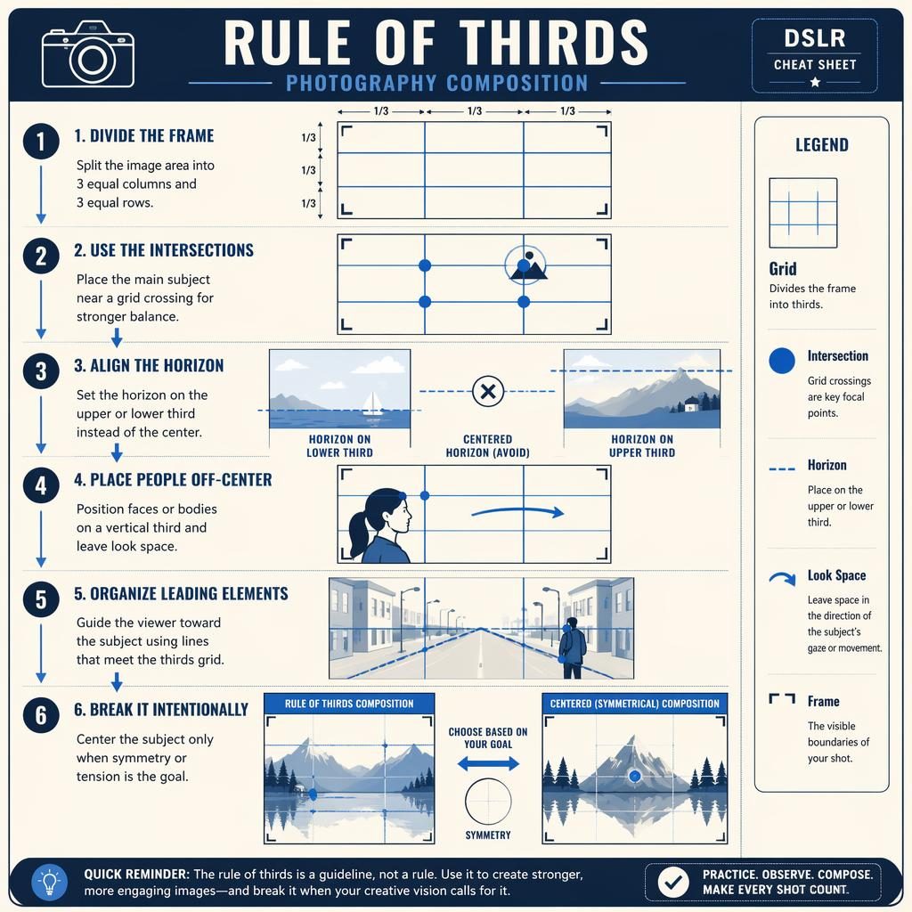 Portrait infographic poster showing rule of thirds steps, 3x3 grids, horizon examples, off-center portraits, and legend.