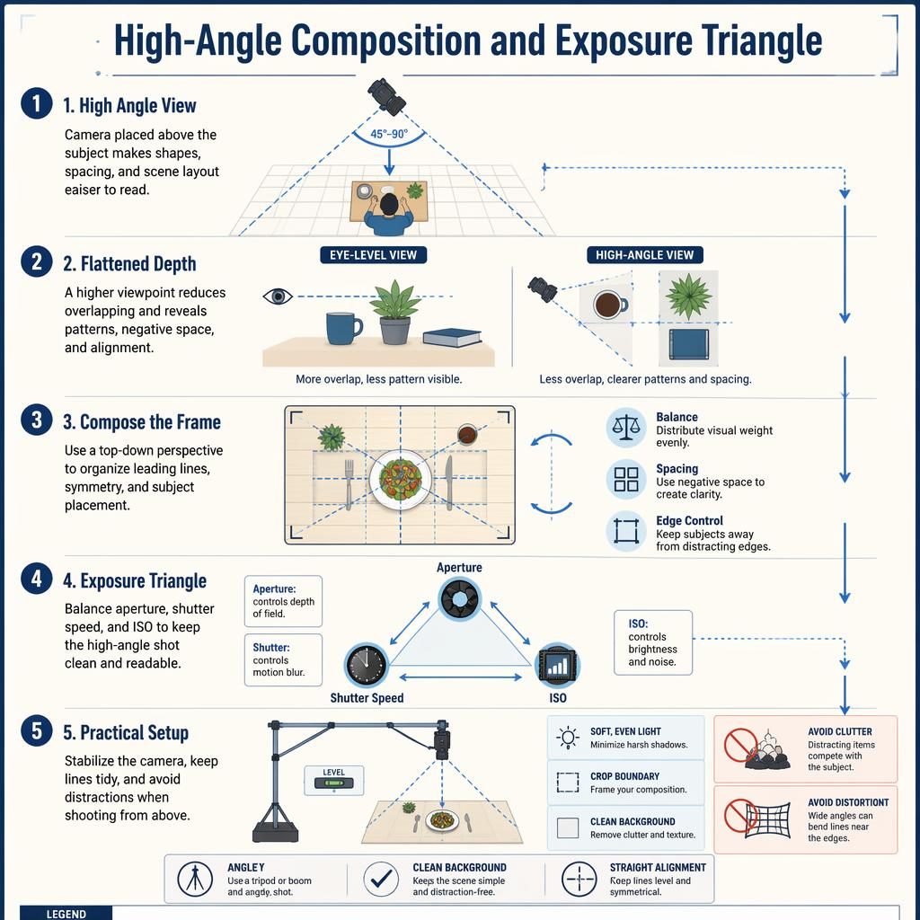 Portrait infographic on high-angle composition and exposure triangle with 5 numbered diagrams, arrows, grids, and setup icons.