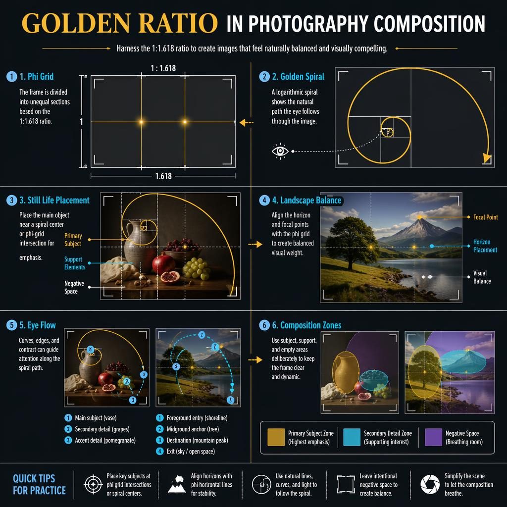 Edukativní poster o zlatém řezu ve fotografii s phi mřížkou, zlatou spirálou, zátiším, krajinou a 6 očíslovanými kroky.