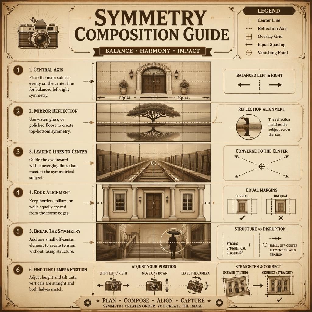 Sepia educational poster showing 6 symmetry composition panels with grids, arrows, legend icons, and vintage manual styling.