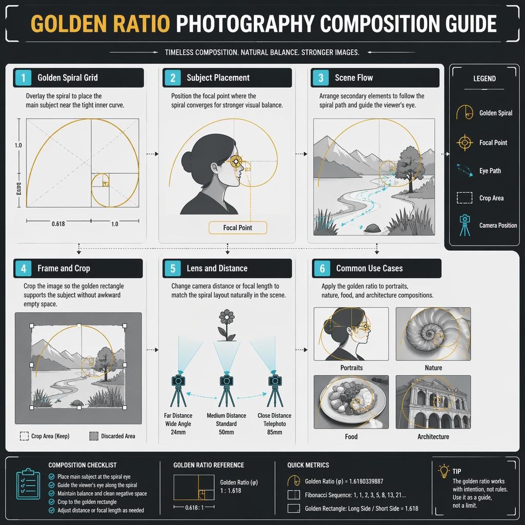 Landscape infographic poster showing a golden ratio photography composition guide with 6 labeled diagram panels and spiral grids.