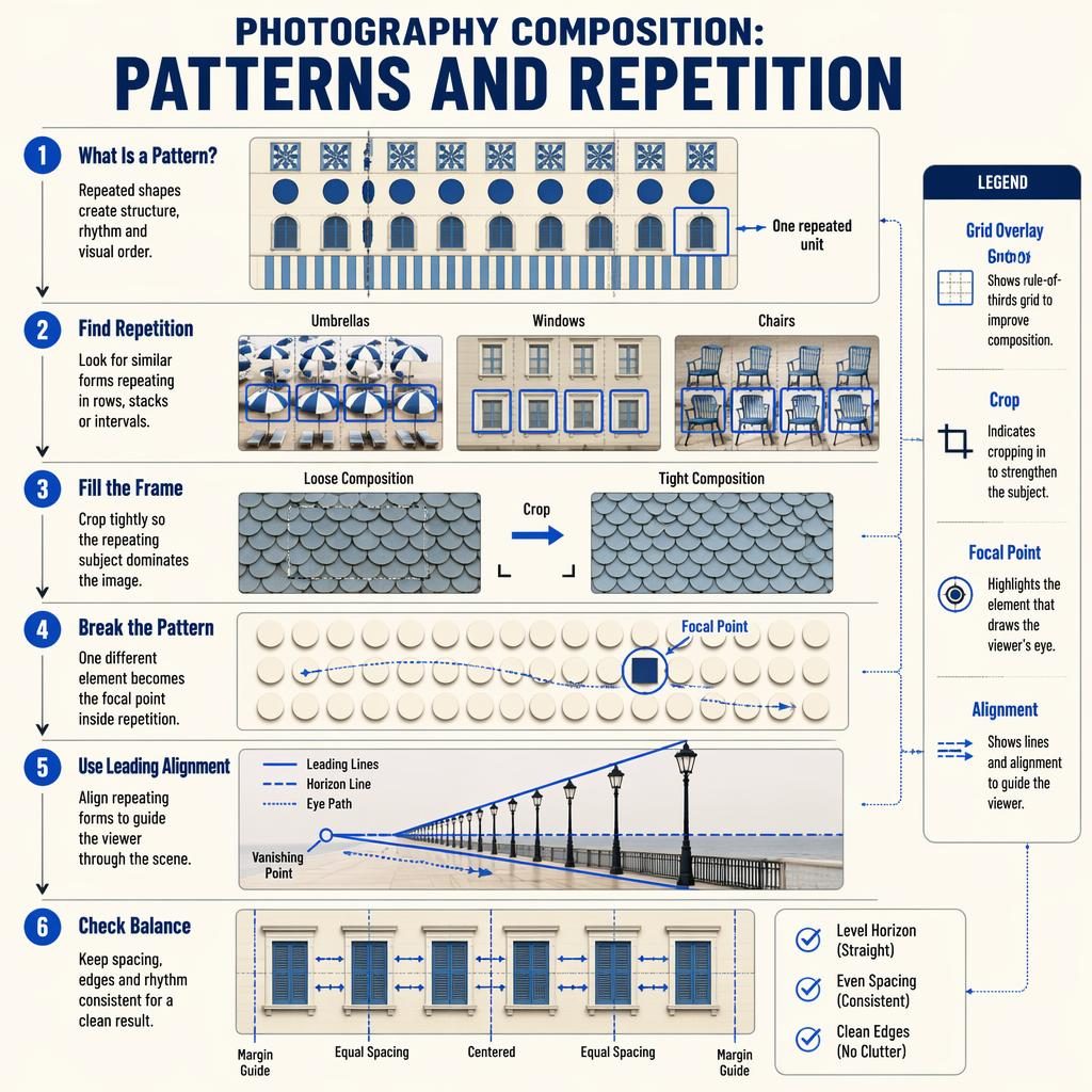 Portrait infographic poster on photography composition patterns and repetition with 6 numbered blue steps, grids, arrows, legend.