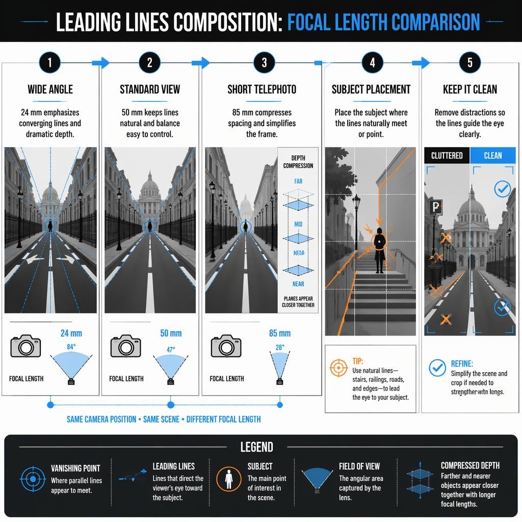 Moderní infografický plakát porovnává 24 mm, 50 mm a 85 mm, umístění subjektu a čistotu scény pomocí vodicích linií.