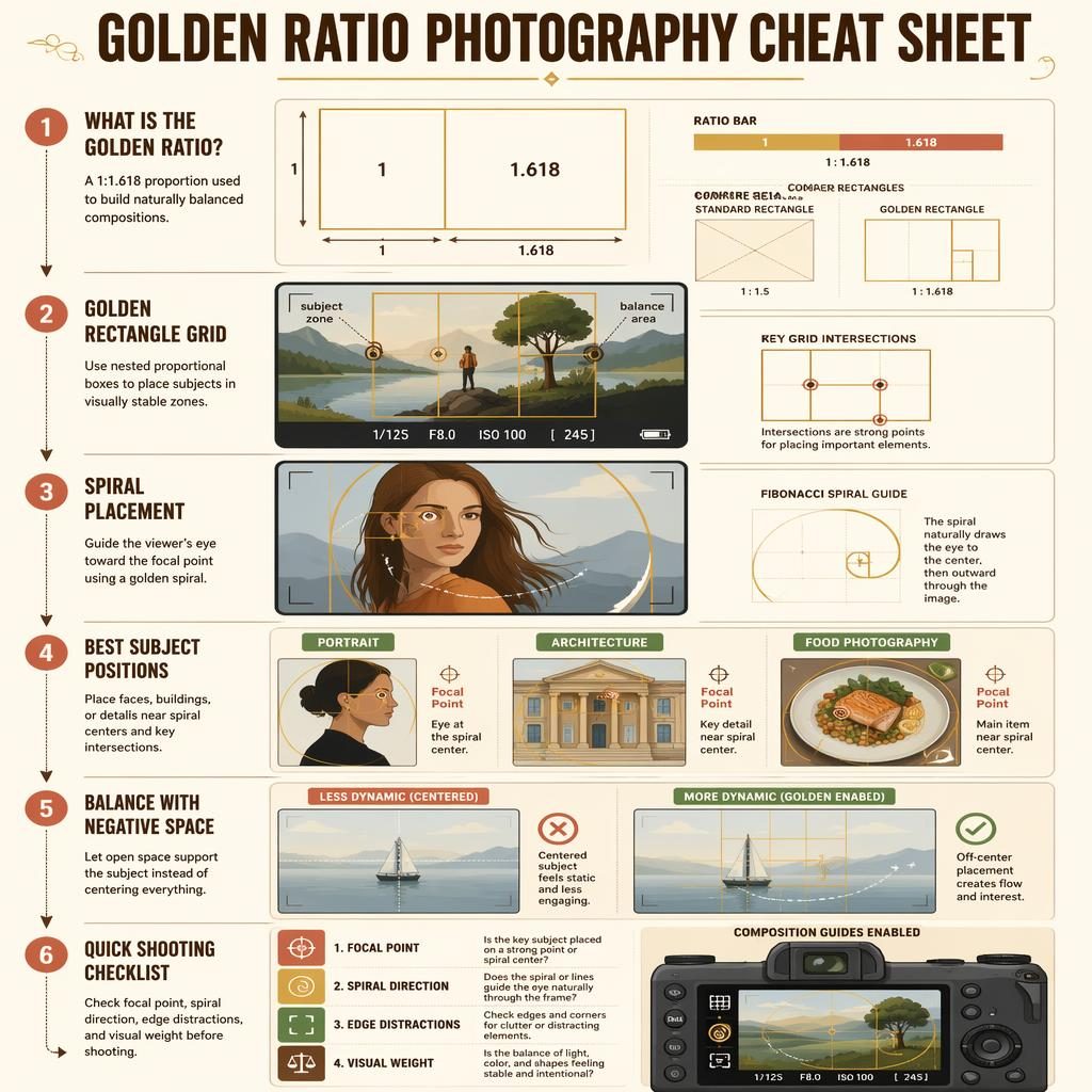 Portrait infographic poster showing 6 golden ratio photography panels with grids, spiral overlays, diagrams, arrows, and checklist.