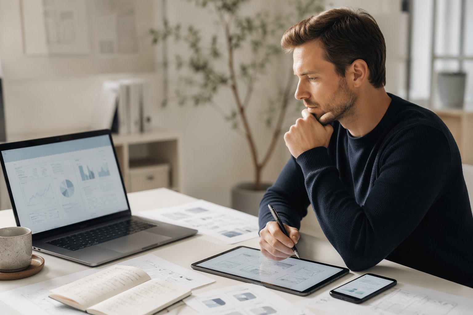 Focused strategist at a clean desk reviewing laptop, tablet, smartphone, and abstract analytics dashboards in a modern office