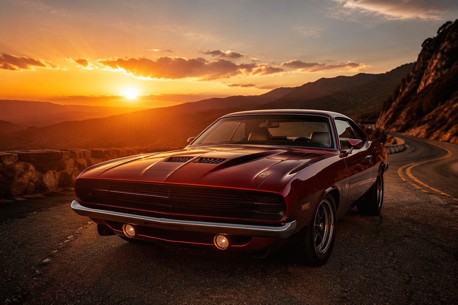 Deep red retro-futurist muscle car on a winding mountain road at sunset, shown from a three-quarter front angle
