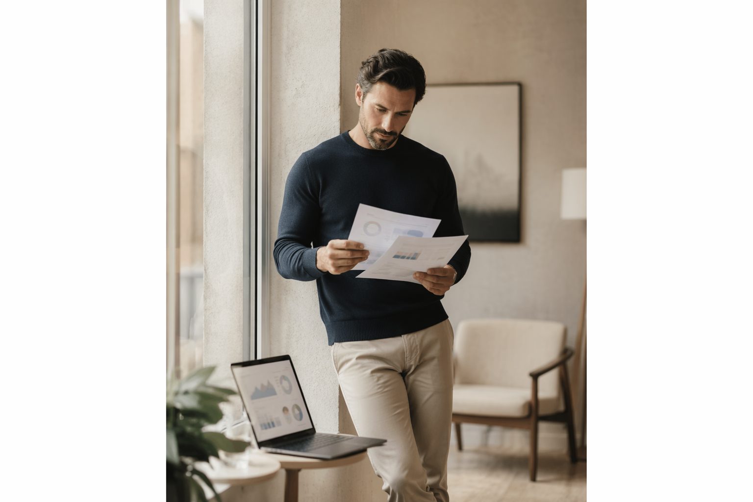 Founder standing by a sunlit window in a modern lounge, holding printed charts beside a laptop with abstract panels