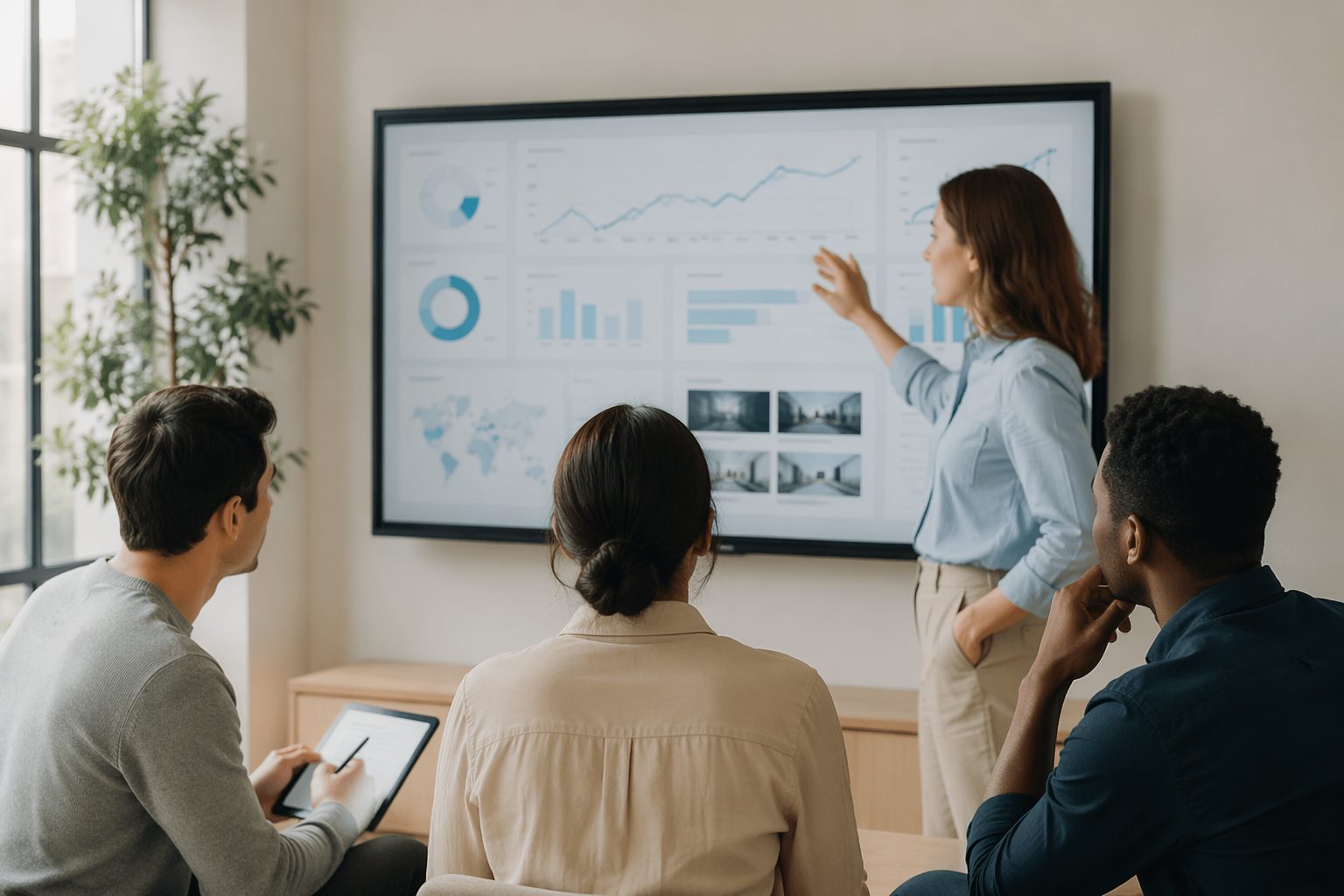 Small team in a bright meeting nook studies abstract charts on a wall screen while one gestures and another notes on a tablet.