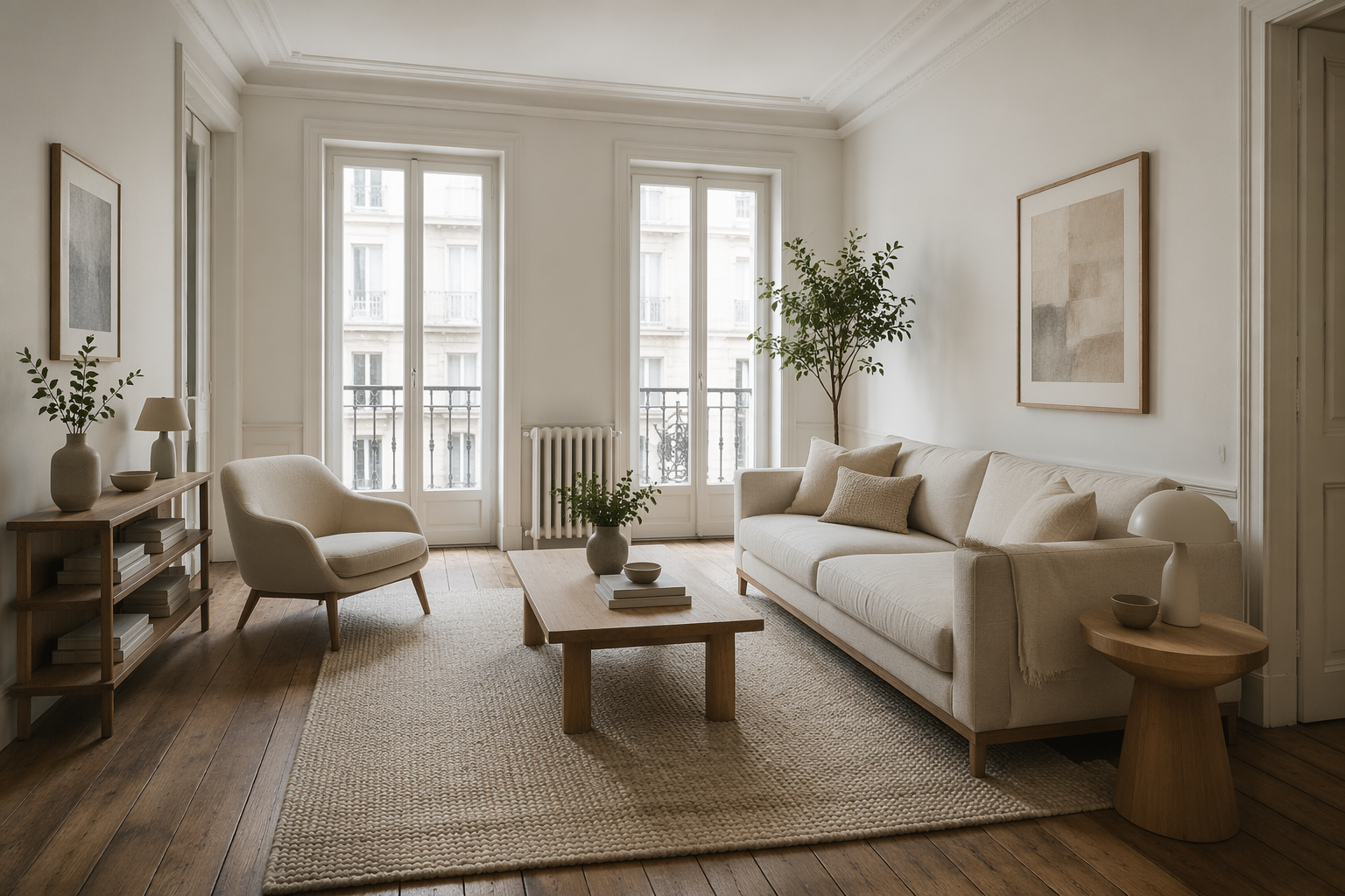 Photorealistic virtual staged living room with beige sofa, oak coffee table, lounge chair, wool rug, plants