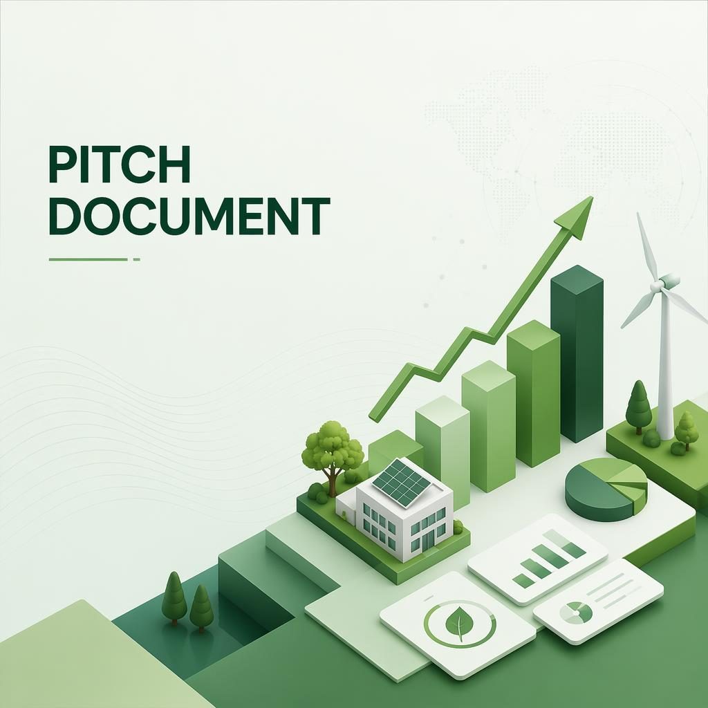 Isometric 3D financial projection slide in a climate green palette with charts, subtle background pattern, and widescreen layout