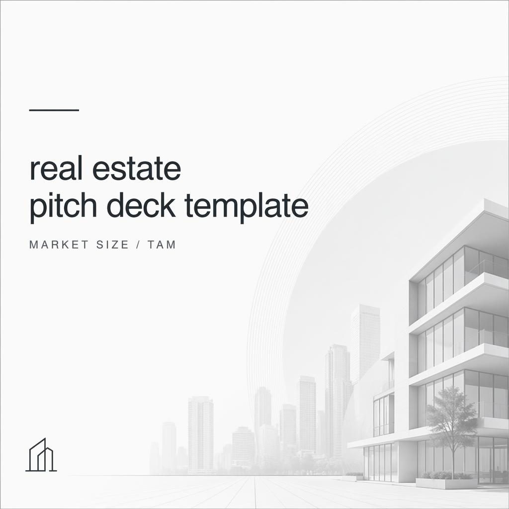 Minimalist Swiss-style 16:9 pitch deck slide with placeholder title, monochrome market size layout, and subtle grid pattern.