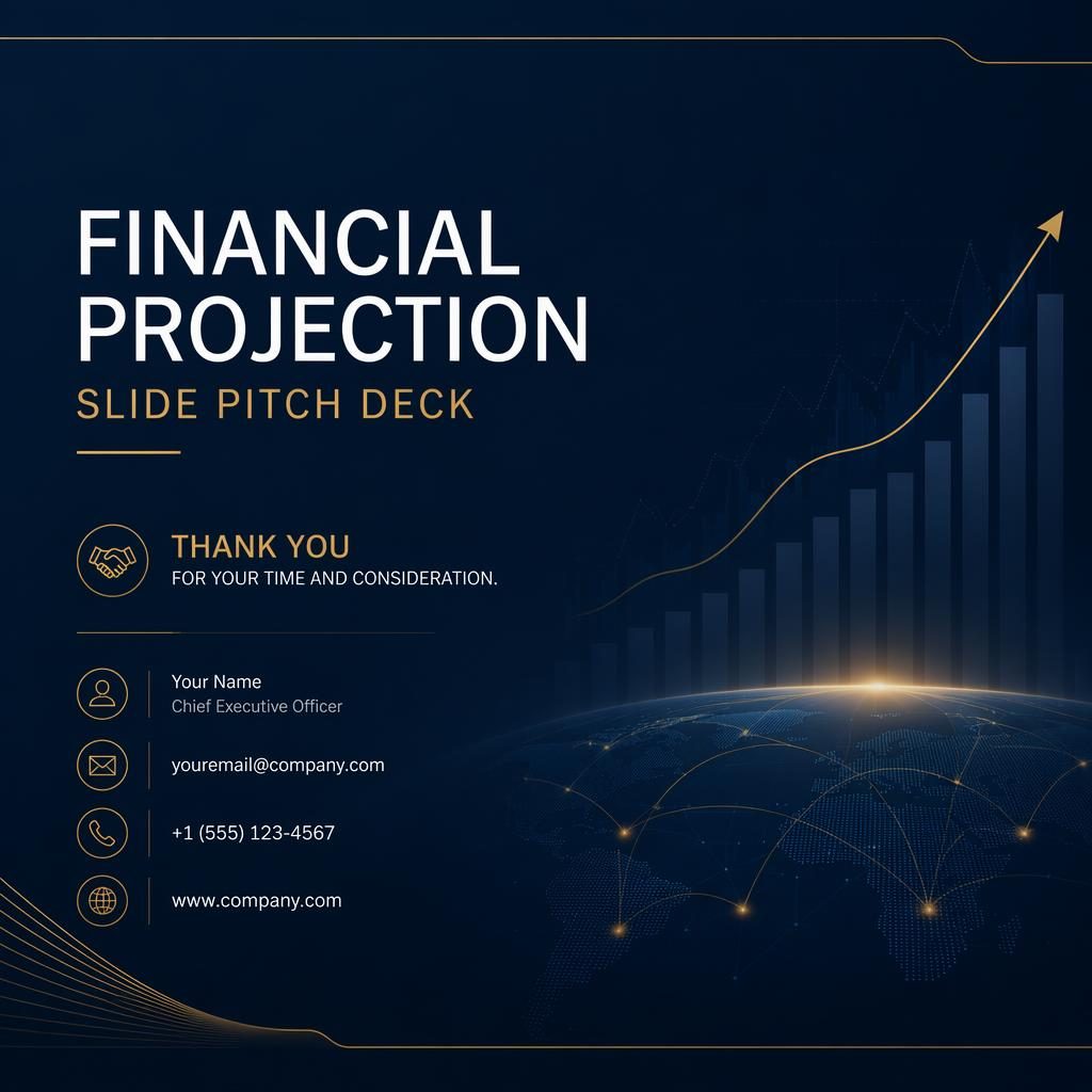 Dark professional 16:9 thank you contact slide with navy and gold palette, placeholder title, subtle background pattern.