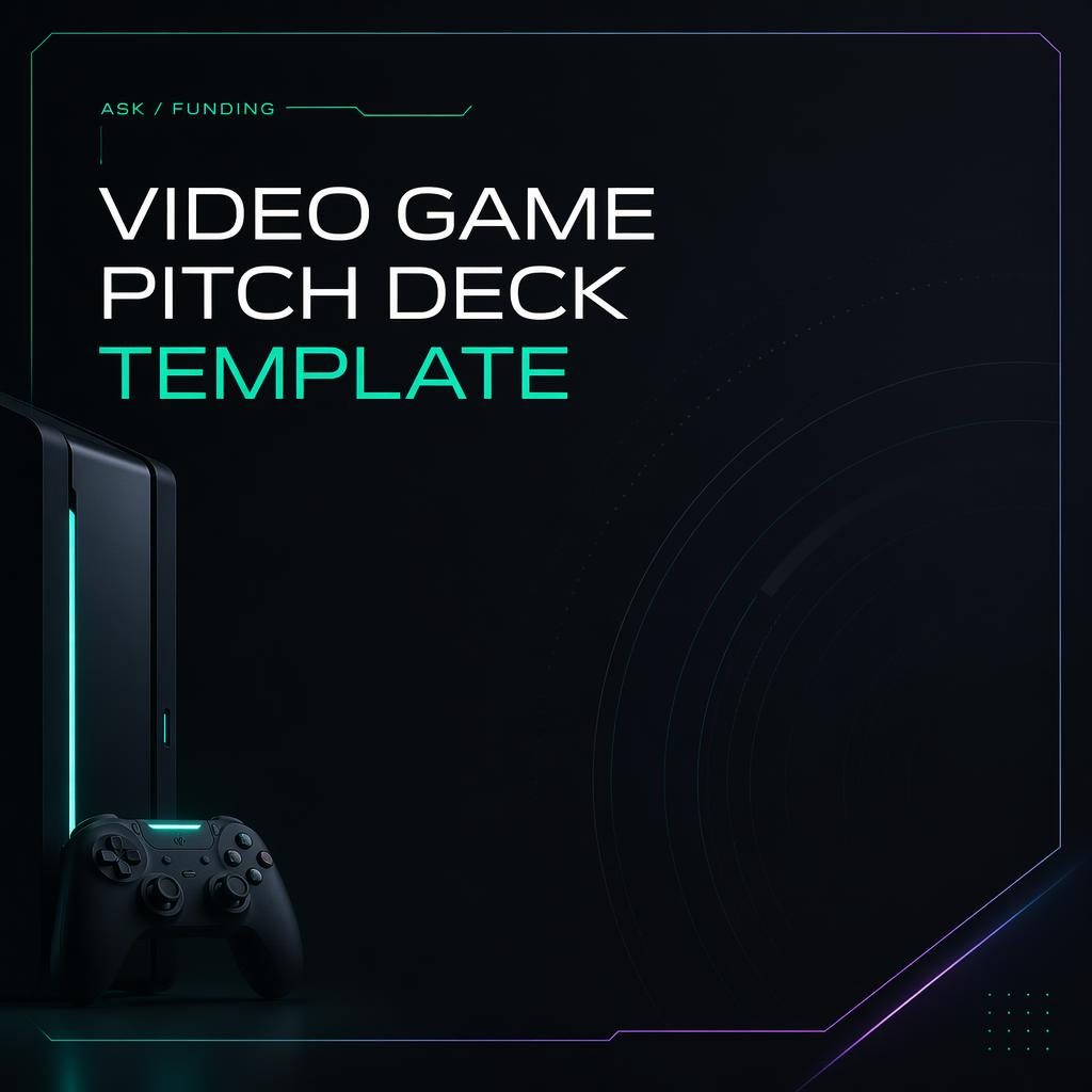 16:9 investor funding slide for a video game pitch deck template, dark mode with neon accents and elegant placeholder title.