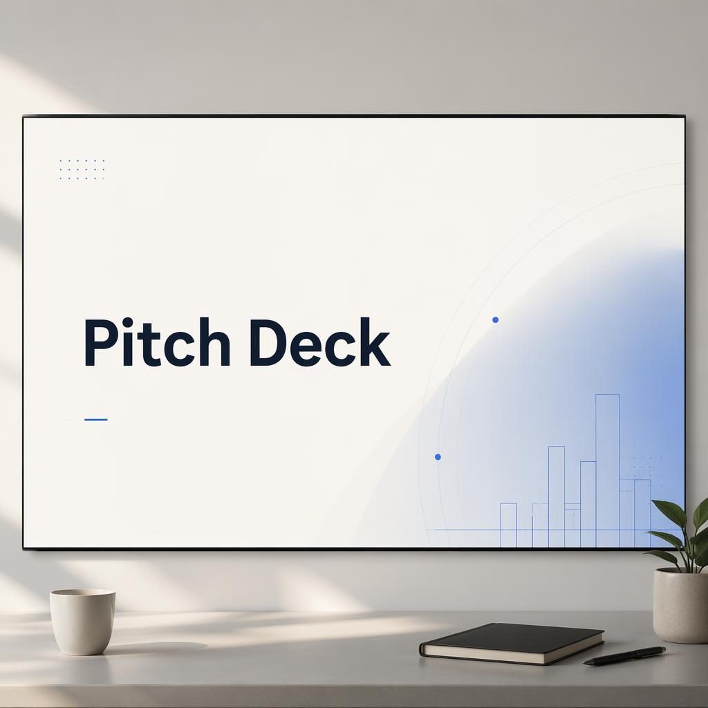 16:9-Titelfolie eines pitch deck in Tech-Blau und Creme mit Platzhaltertypografie und abstraktem Hintergrund