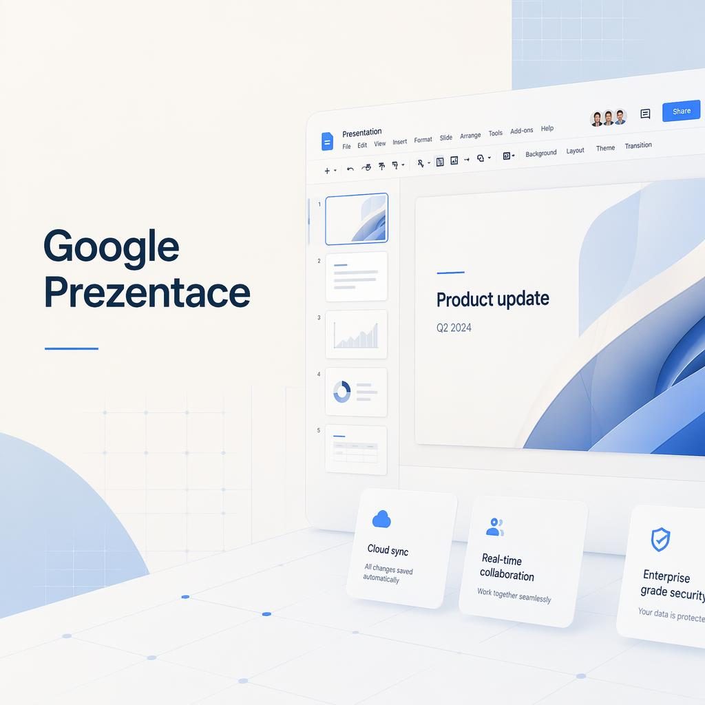 Titulní slide Google Prezentace v modro-krémové paletě s čistou typografií, UI prezentace a jemnou mřížkou v pozadí.