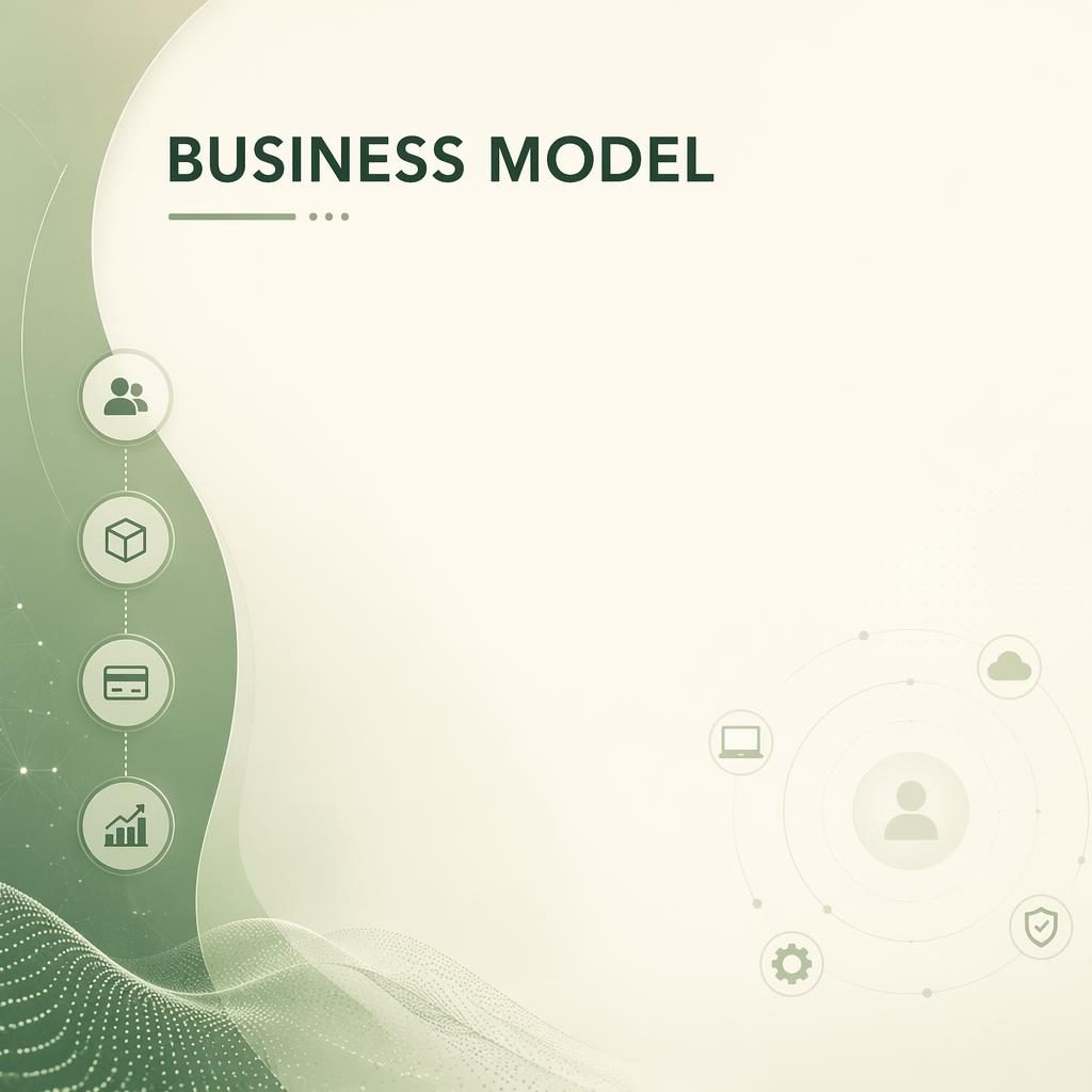 16:9 investor pitch deck business model slide with sage and ivory tech gradient, placeholder title, subtle background pattern