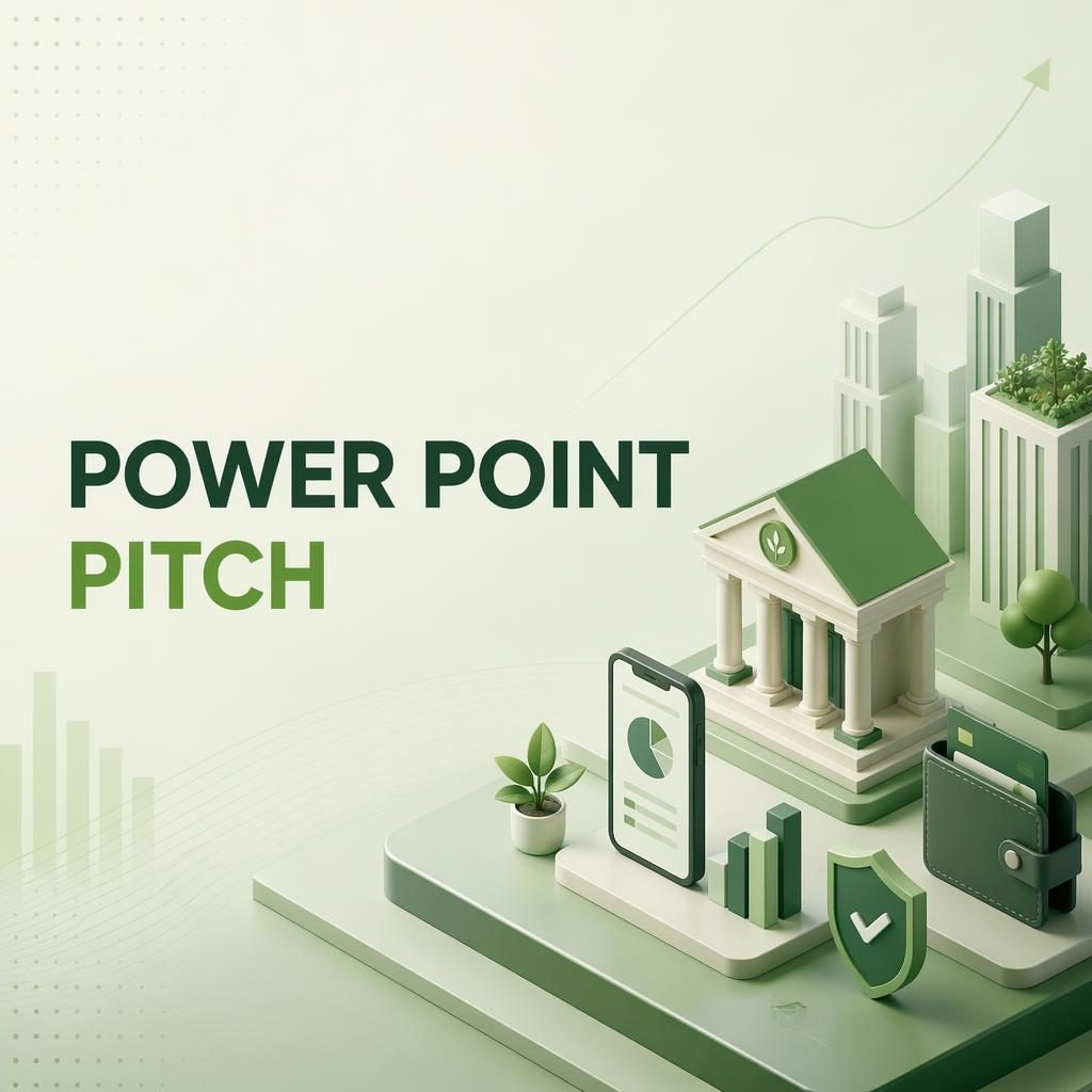 Isometric 3D fintech section divider slide in climate green palette with placeholder title, subtle pattern, and wide empty space.
