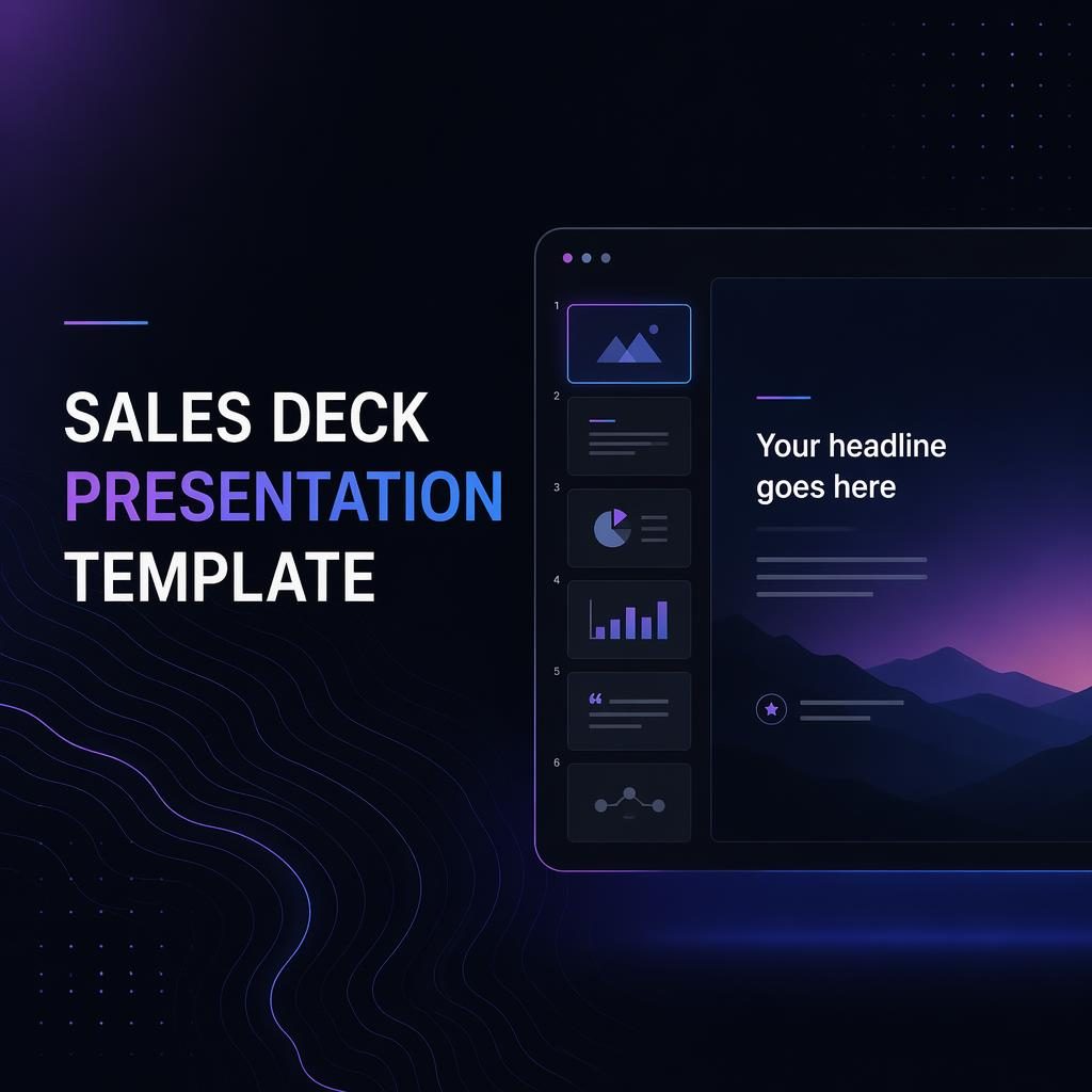 16:9 dark mode investor pitch-deck slide with neon accents, placeholder title, demo screenshot frame, and subtle background pattern