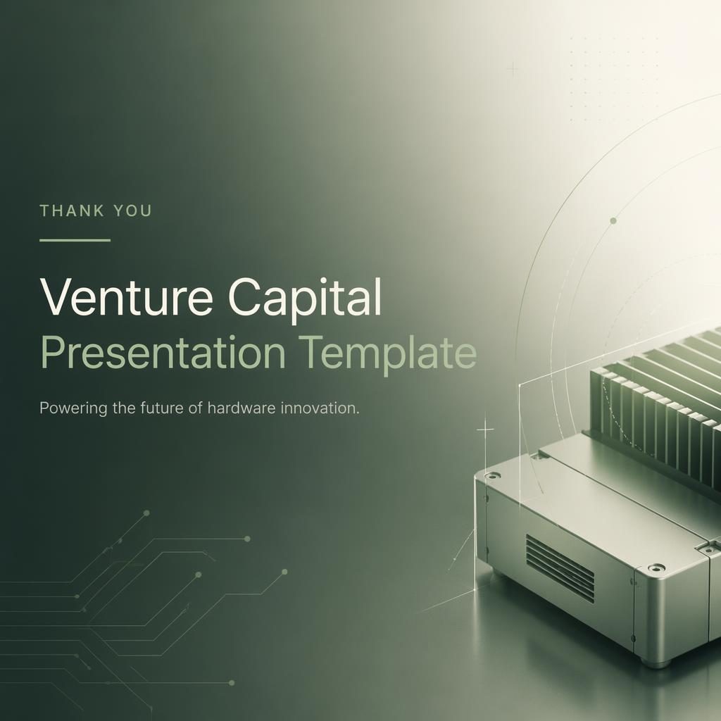 16:9 investor pitch deck thank you contact slide with sage and ivory tech gradient, clean placeholder title, and subtle pattern