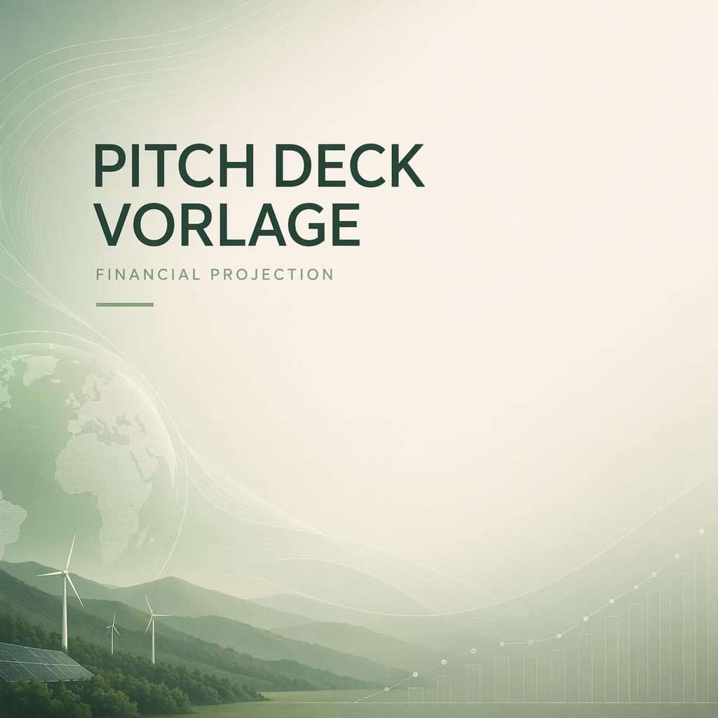 16:9 Pitch-Deck-Folie zur Finanzprojektion in Sage- und Ivory-Tönen mit Tech-Gradient, Platzhalter-Titel und dezentem Muster