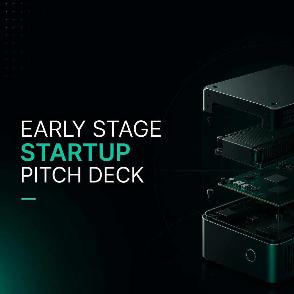 Dark mode 16:9 pitch deck section divider slide with neon accents, elegant placeholder title, and subtle hardware-themed pattern