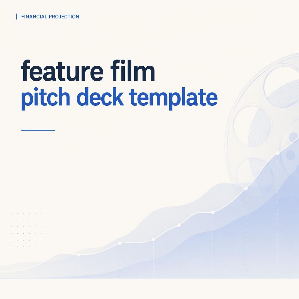 16:9 financial projection slide for a feature film pitch deck template in clean tech blue and cream with minimal layout