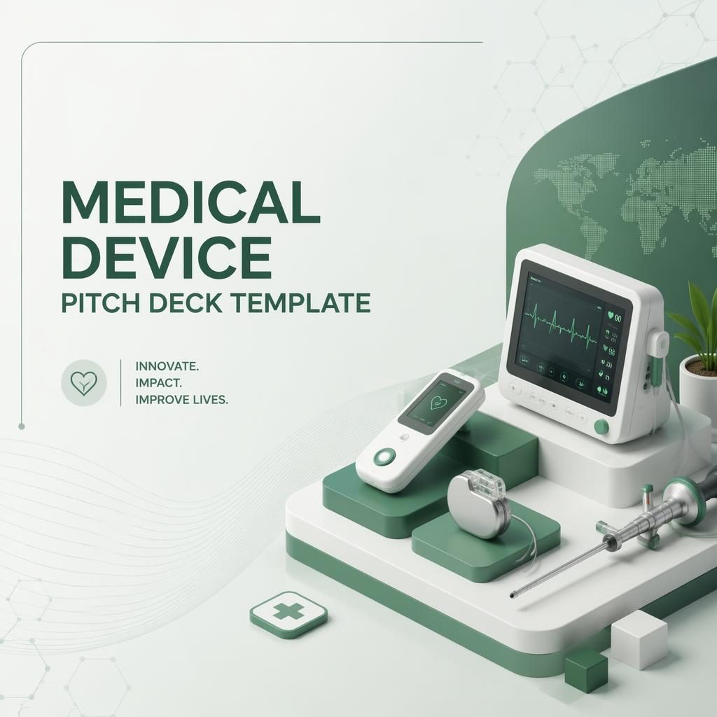 Isometric 3D funding slide for a medical device pitch deck template in climate green, with clean placeholder title and empty space.