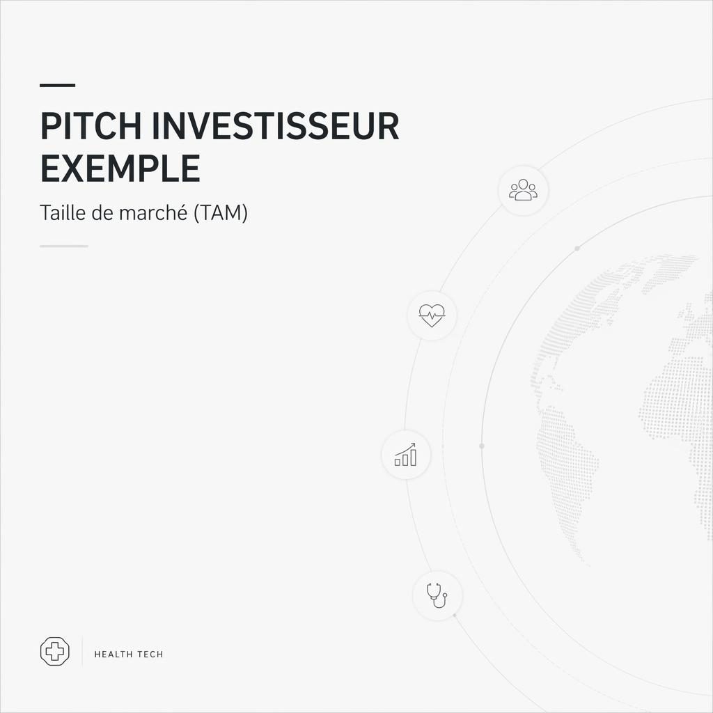 Slide 16:9 minimaliste en noir et blanc pour santé tech, avec titre de placeholder, grand espace vide et motif de fond discret.