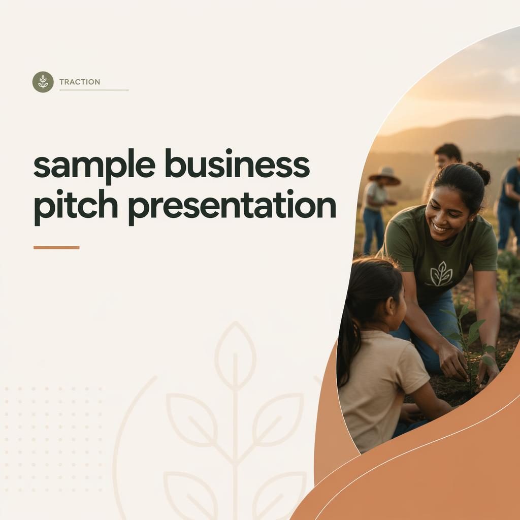 Modern 16:9 traction slide for a sample business pitch presentation with warm earth tones, placeholder title, and subtle background pattern.
