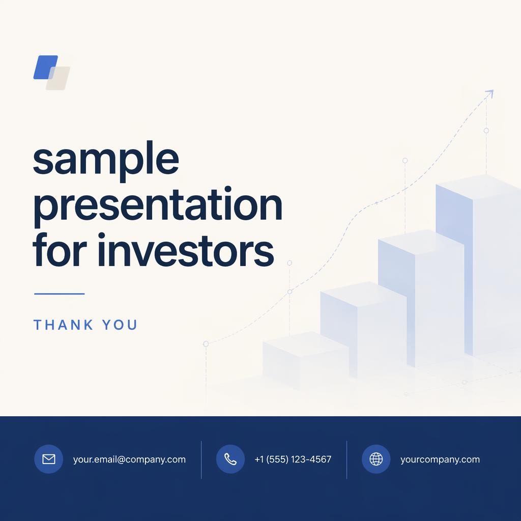 Clean 16:9 investor pitch deck thank you contact slide in tech blue and cream with subtle pattern and ample space