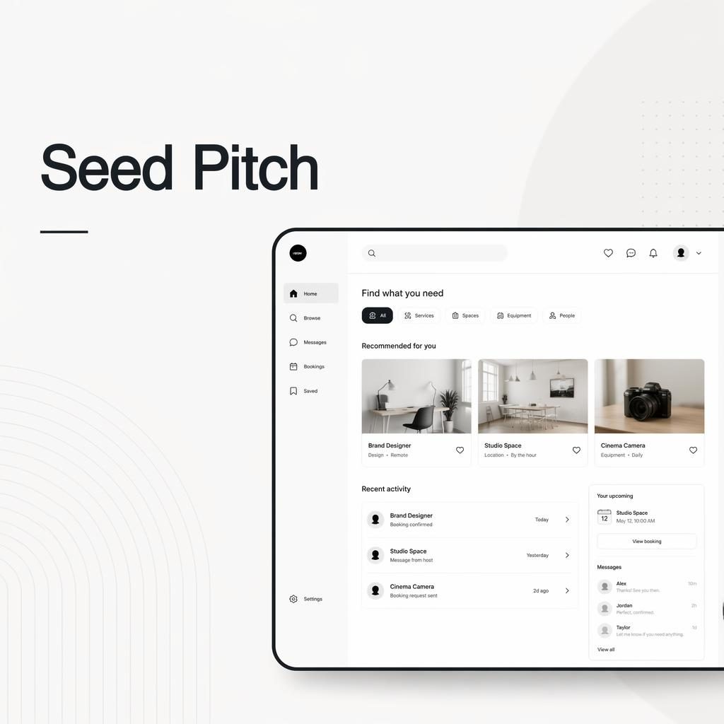 16:9 investor pitch-deck slide with a demo screenshot frame, clean placeholder title, monochrome Swiss layout, and subtle background pattern.