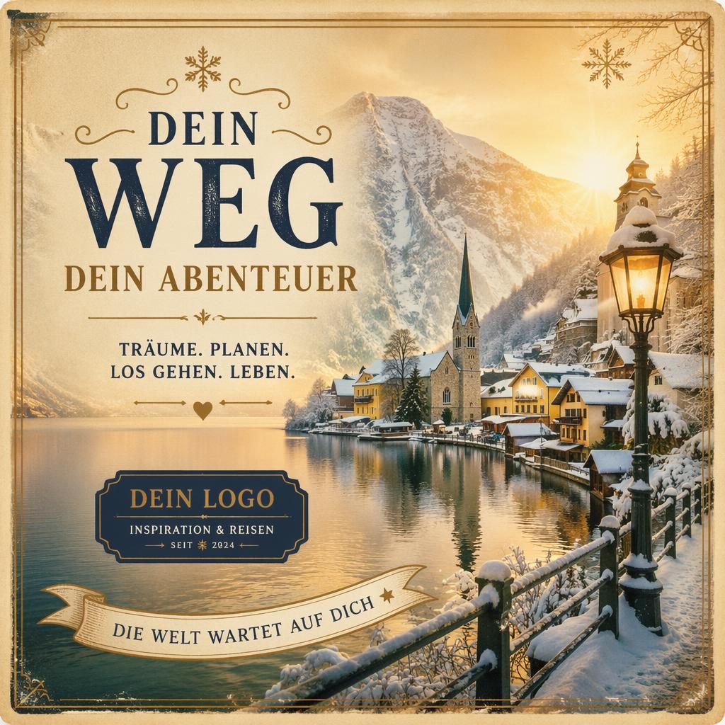 Vintage-Postkarte im 6x4-Format mit winterlicher Eis- und Goldpalette und klarer Platzhalter-Typografie