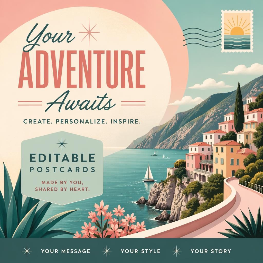6x4 inspirational postcard illustration in mid-century modern style with pastel palette, bold layout, and sharp placeholder typography