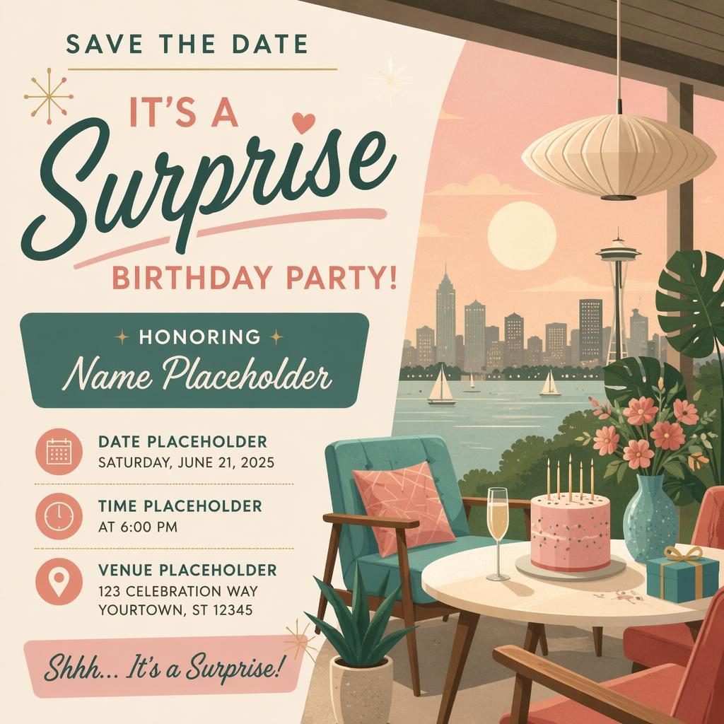 Mid-century modern pastel postcard illustration for a surprise birthday party with clean placeholder typography and warm mood.