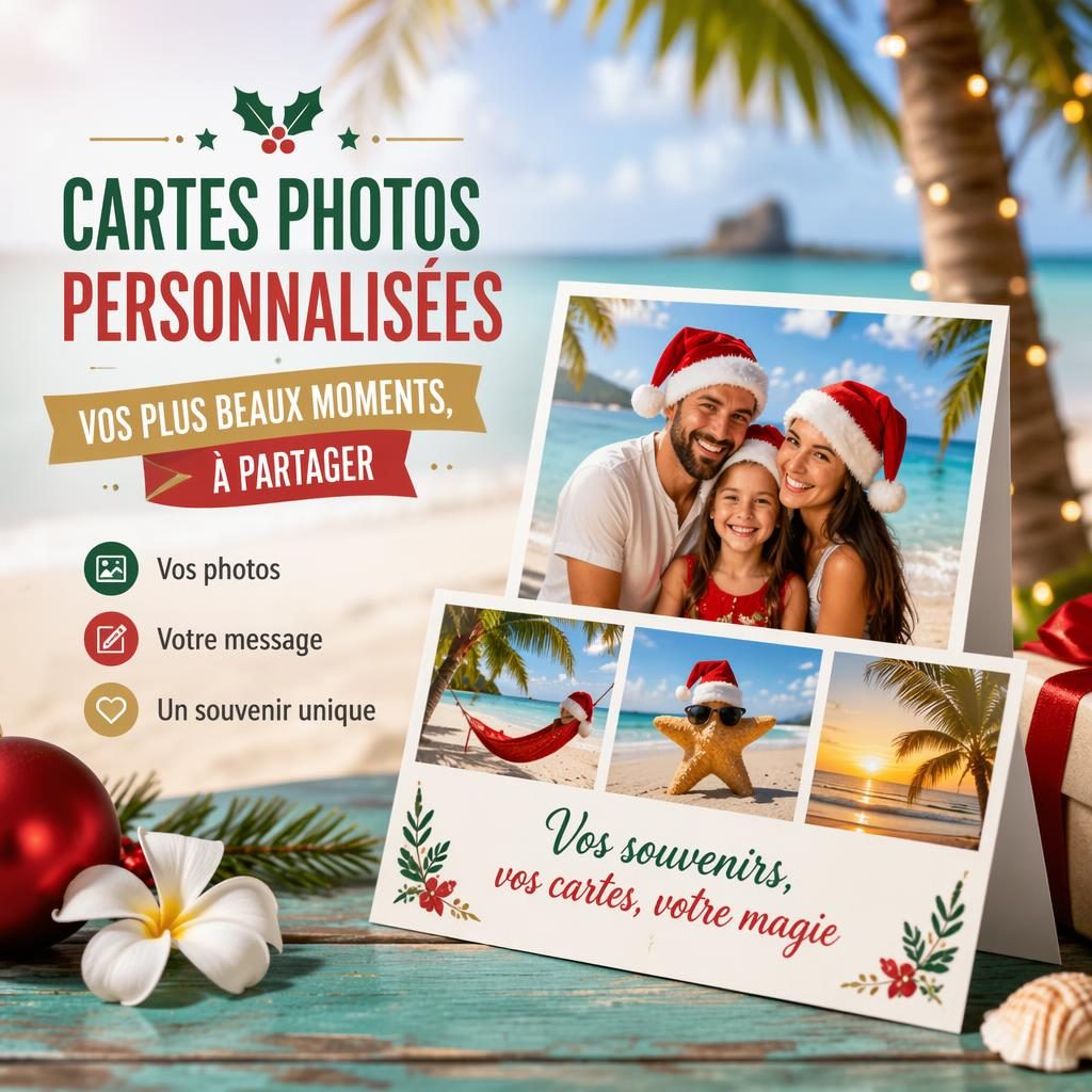 Carte postale de Noël tropicale 6x4, style photo avec superposition, palette vive, typographie factice nette et ambiance joyeuse