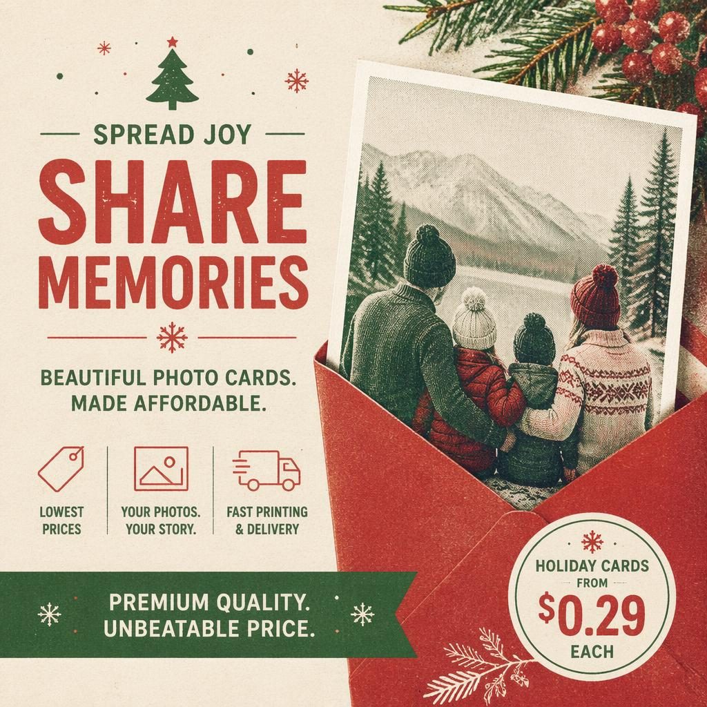6x4 risograph-style holiday postcard in red and green with contemplative scene and clean placeholder typography