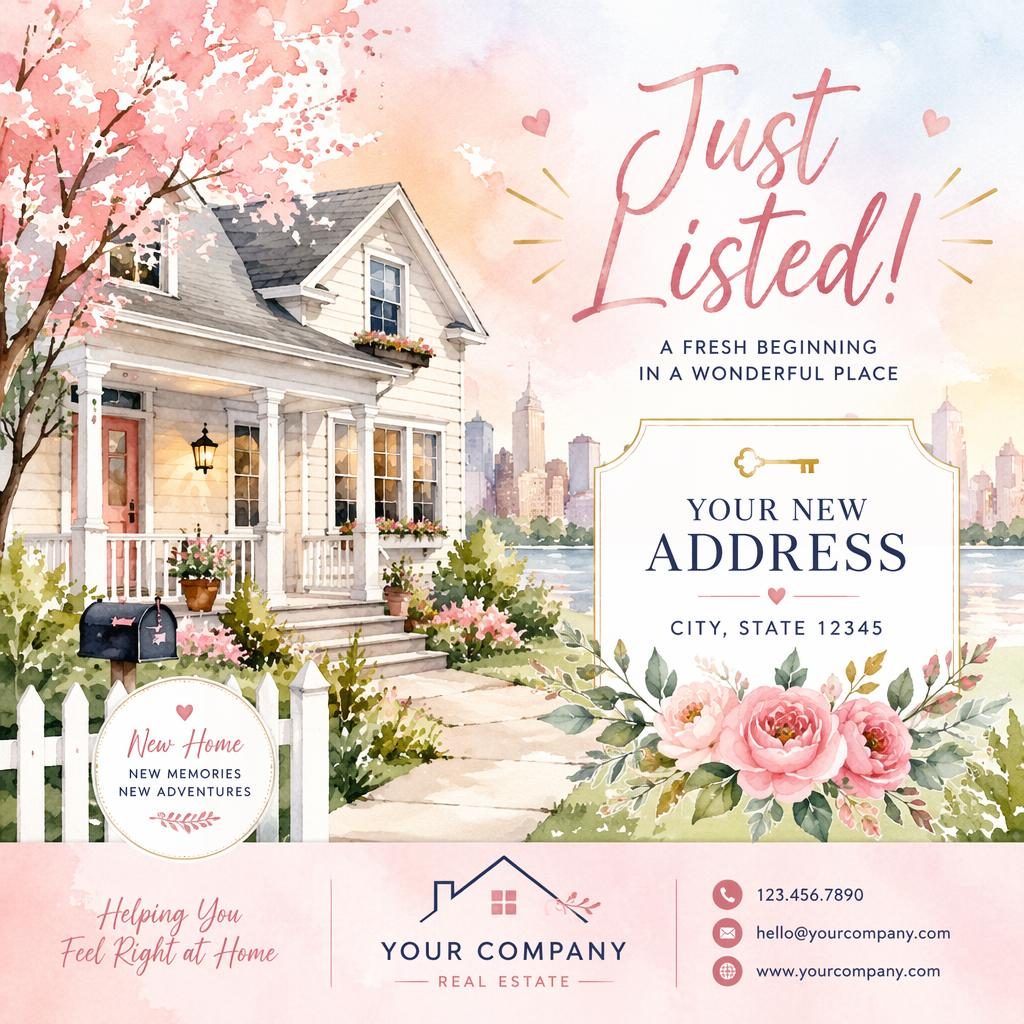 Watercolor 6x4 real estate postcard with pastel celebratory design, house illustration, and sharp placeholder typography.