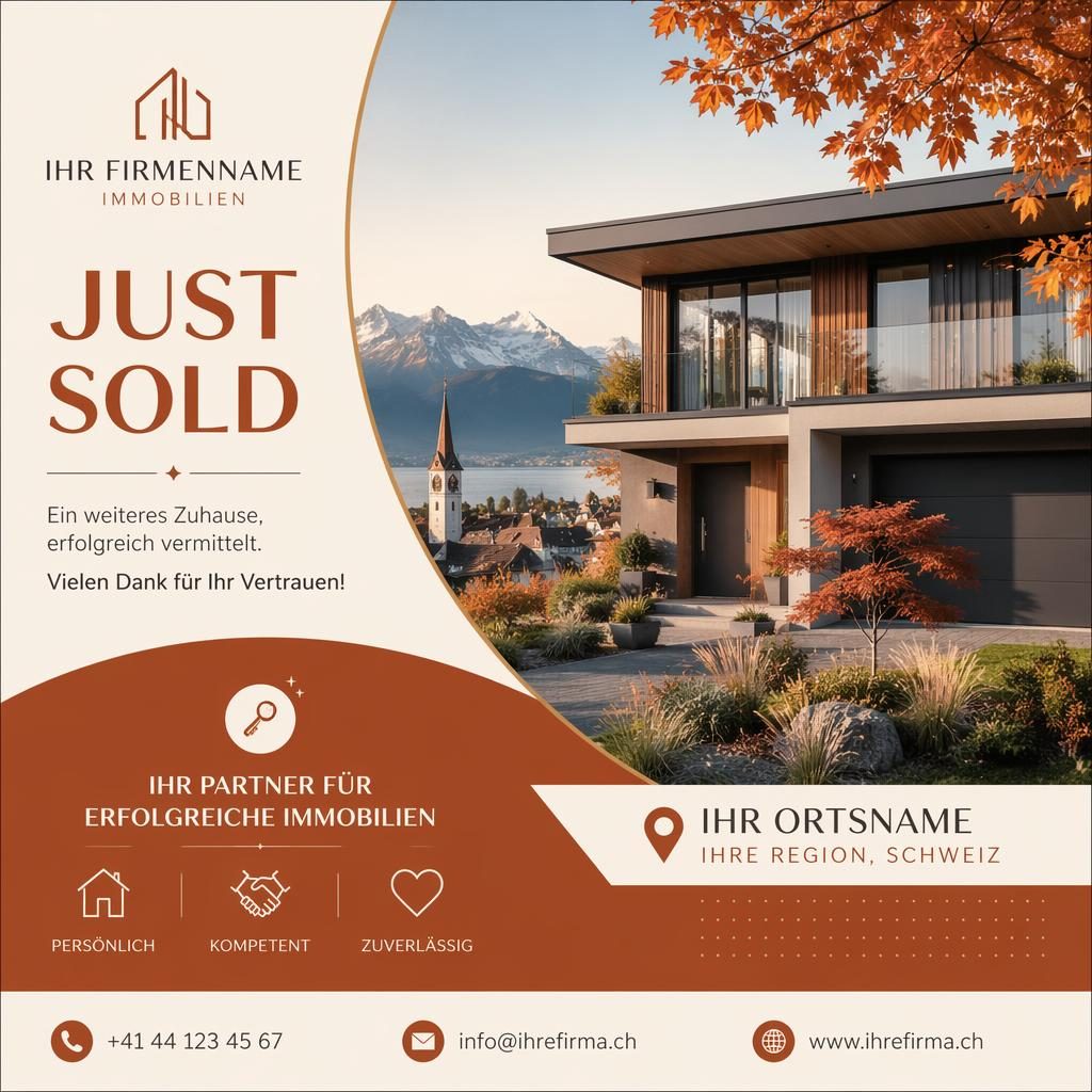 Illustrative Immobilien-Postkarte im Mid-Century-Modern-Stil mit Herbstfarben, Hausmotiv und klarer Platzhalter-Typografie.