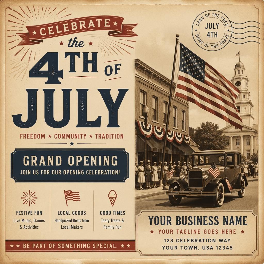 Sepia-toned 6x4 postcard design with patriotic vintage imagery, clean placeholder typography, and warm editorial layout.