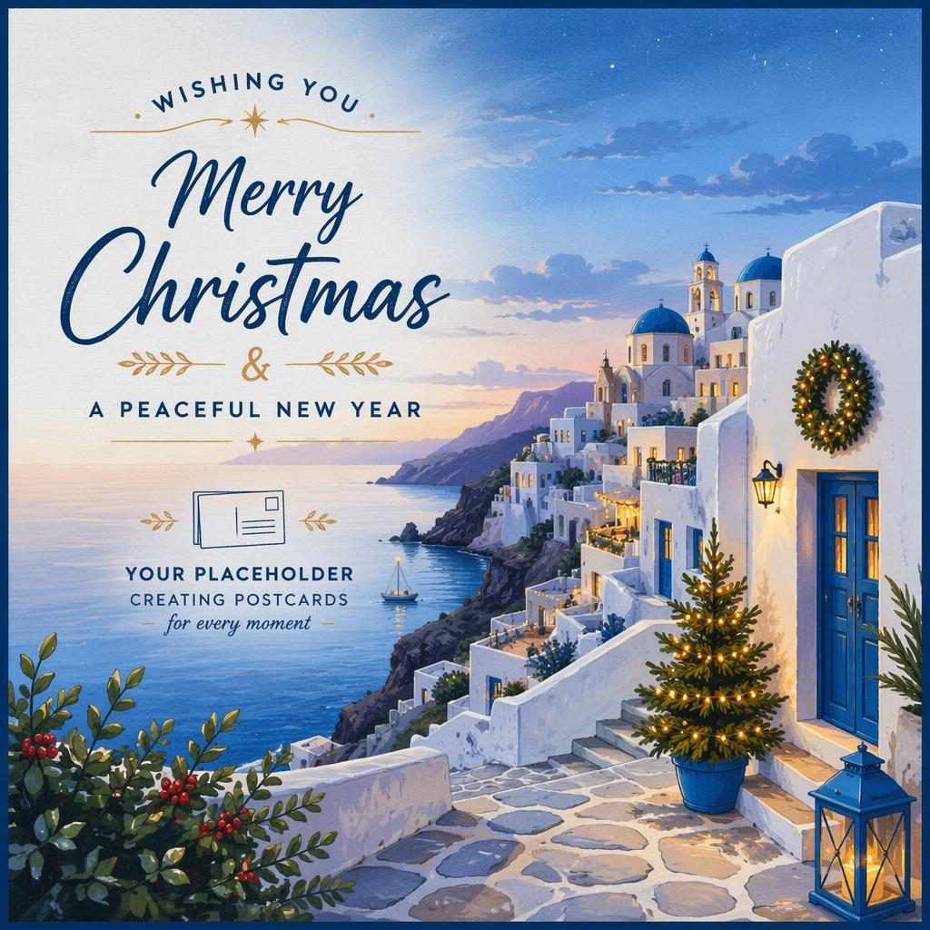 Illustrated 6x4 Christmas postcard in a mediterranean blue palette with clean placeholder typography and a calm holiday scene.