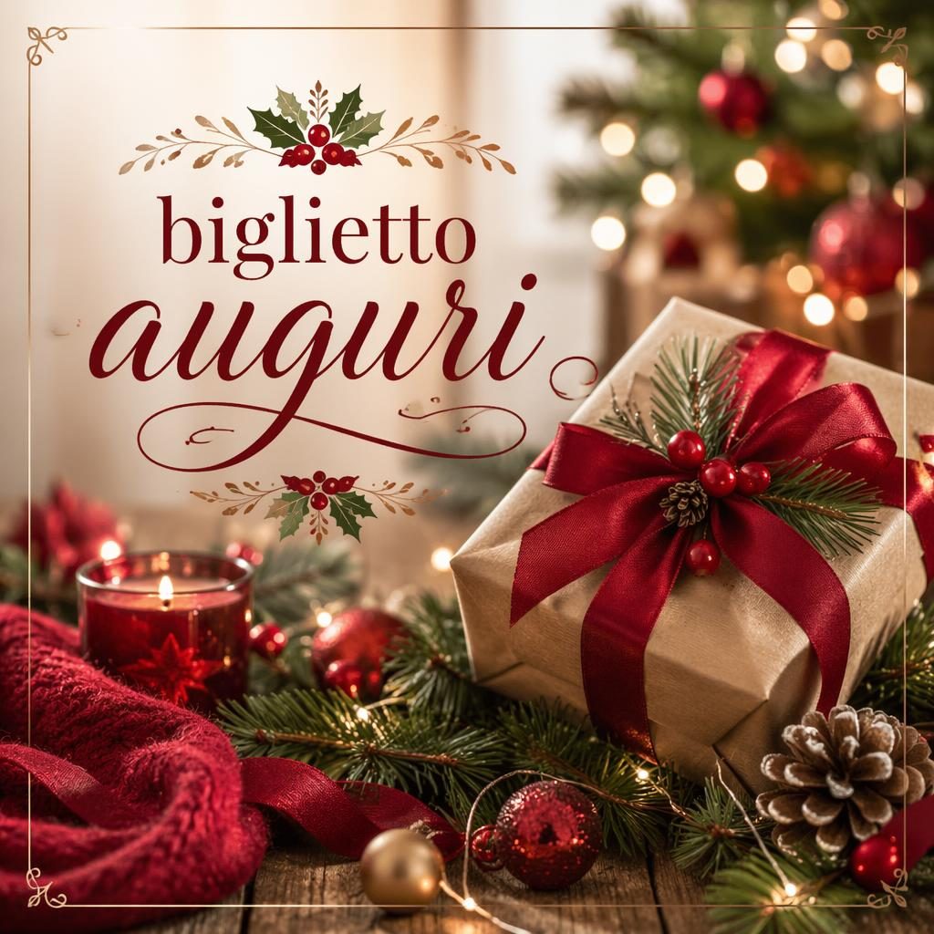 Cartolina natalizia fotorealistica con regali incartati, rami di pino, luci calde e scritta biglietto auguri.