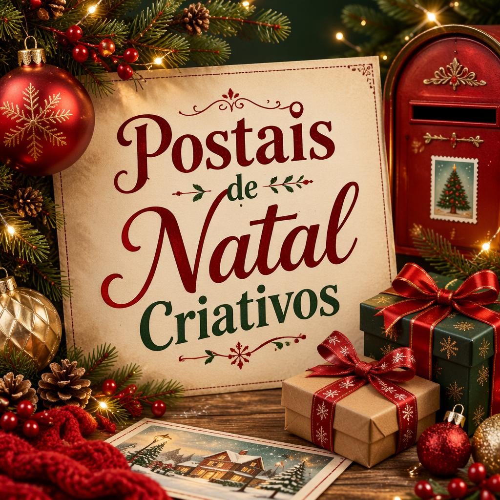 Postal de Natal ilustrado com enfeites, presentes, ramos de pinho, luzes douradas e texto Postais de Natal Criativos