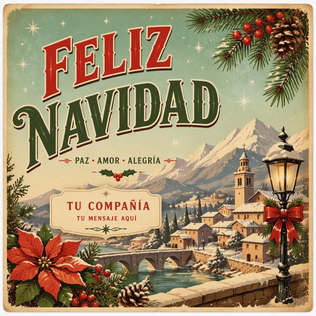 Vintage-inspired 6x4 holiday postcard illustration with pastel festive elements and bold placeholder typography layout.