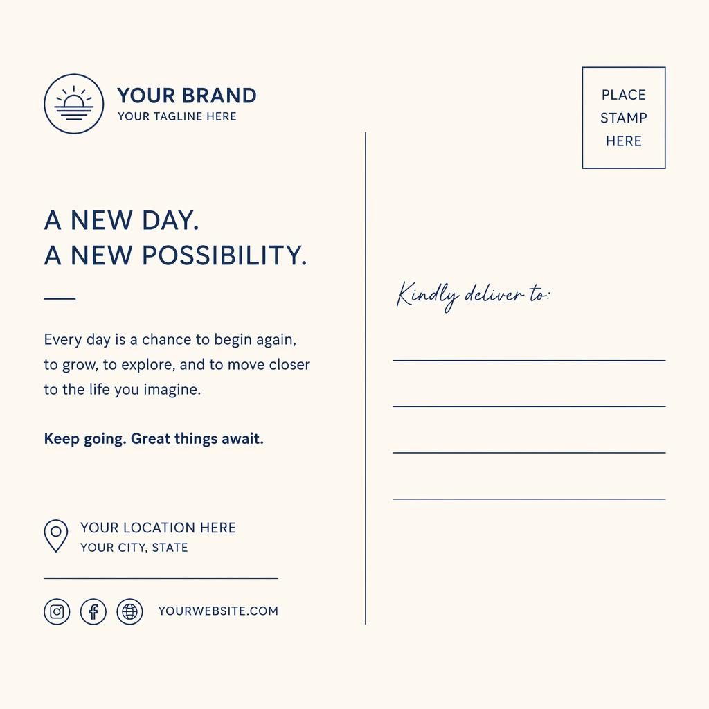 Minimalist Swiss-style postcard back layout in cream and navy with clean placeholder typography and warm, welcoming mood.