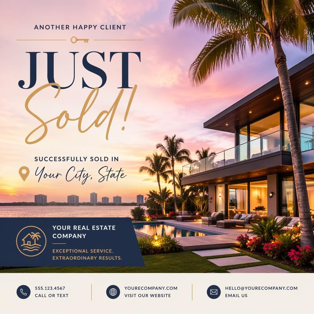 Modern 6x4 real estate just sold postcard with dreamy tropical editorial illustration and sharp placeholder typography.