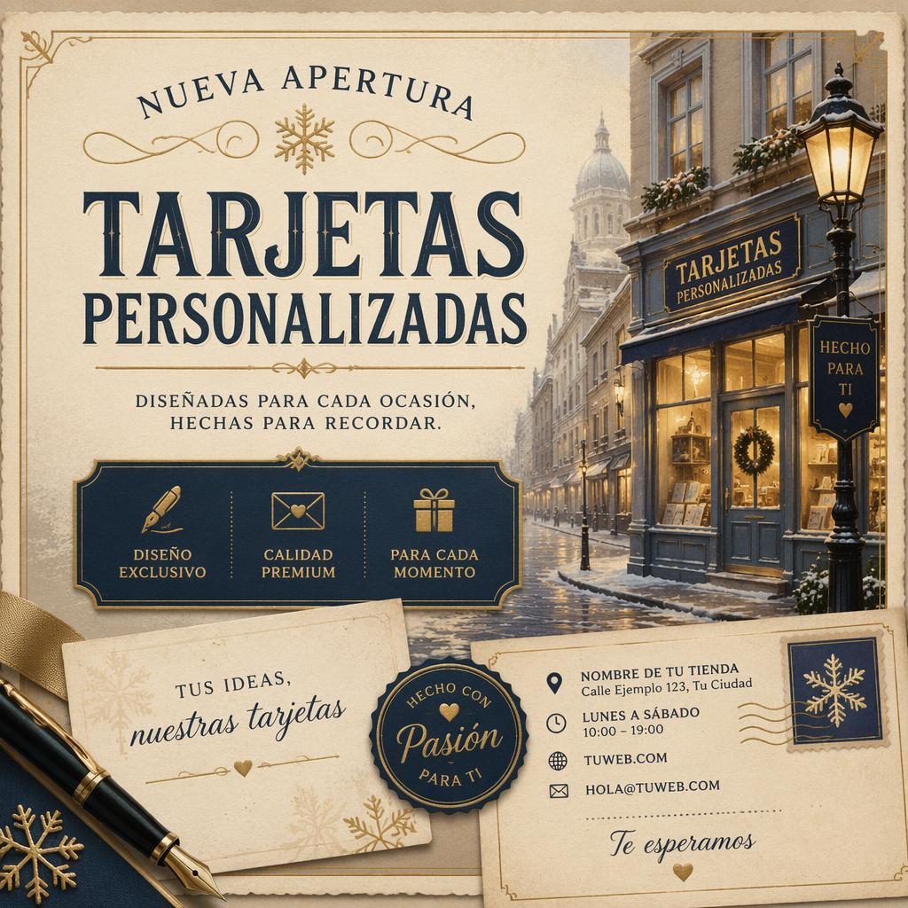 Postal vintage clásica en formato 6x4 con paleta hielo y dorado, tipografía de marcador de posición y ambiente cálido