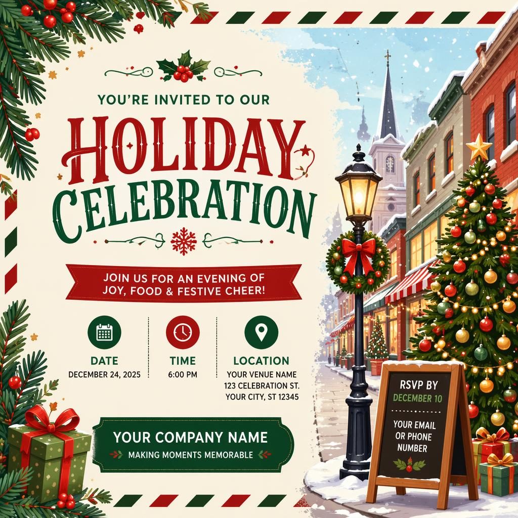 Colorful illustrated 6x4 event invitation postcard with playful holiday red and green palette and sharp placeholder typography